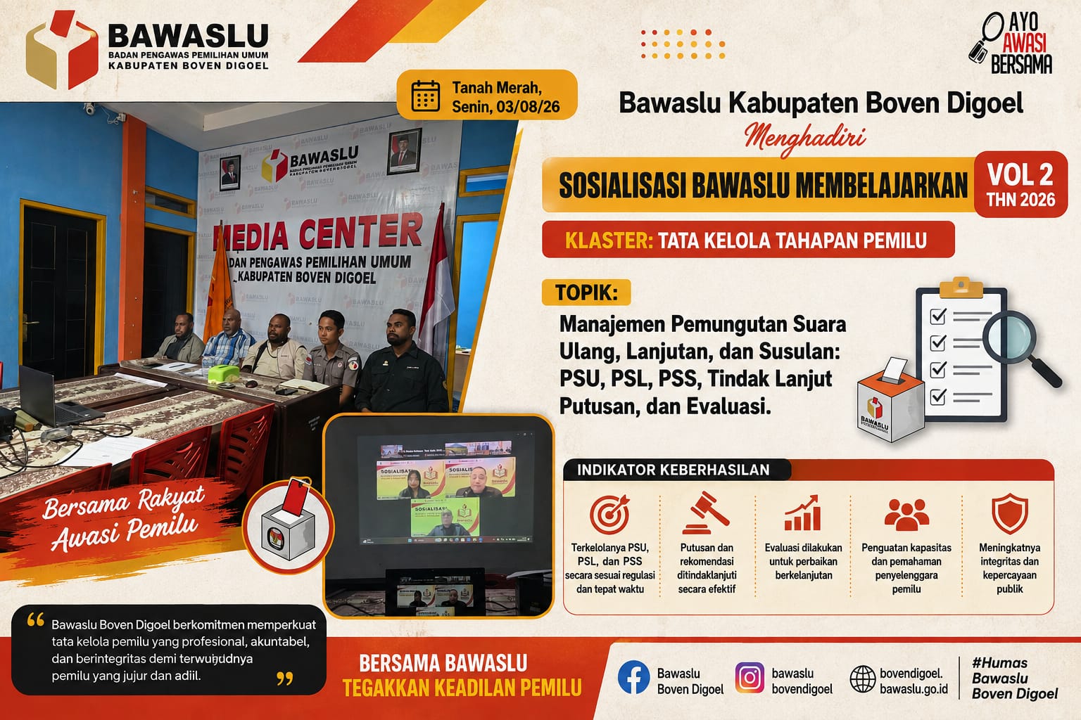 Bawaslu Boven Digoel Mengikuti sosialisasi "Bawaslu Membelajarkan Vol II"